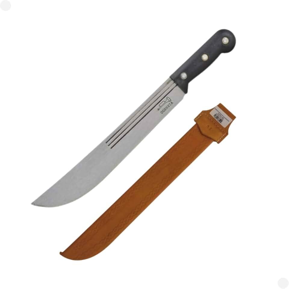 Facão Corneta Original 12" Aço Carbono 3 Listras Com Bainha De Couro Roçadeira Mato Pesado