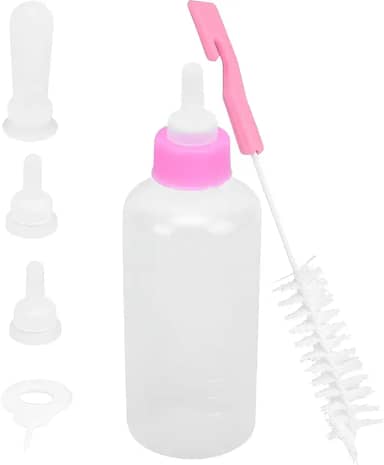 Kit Mamadeira para Pets, 60ml, 7 Peças com 4 Bicos e Escova de Limpeza, Rosa