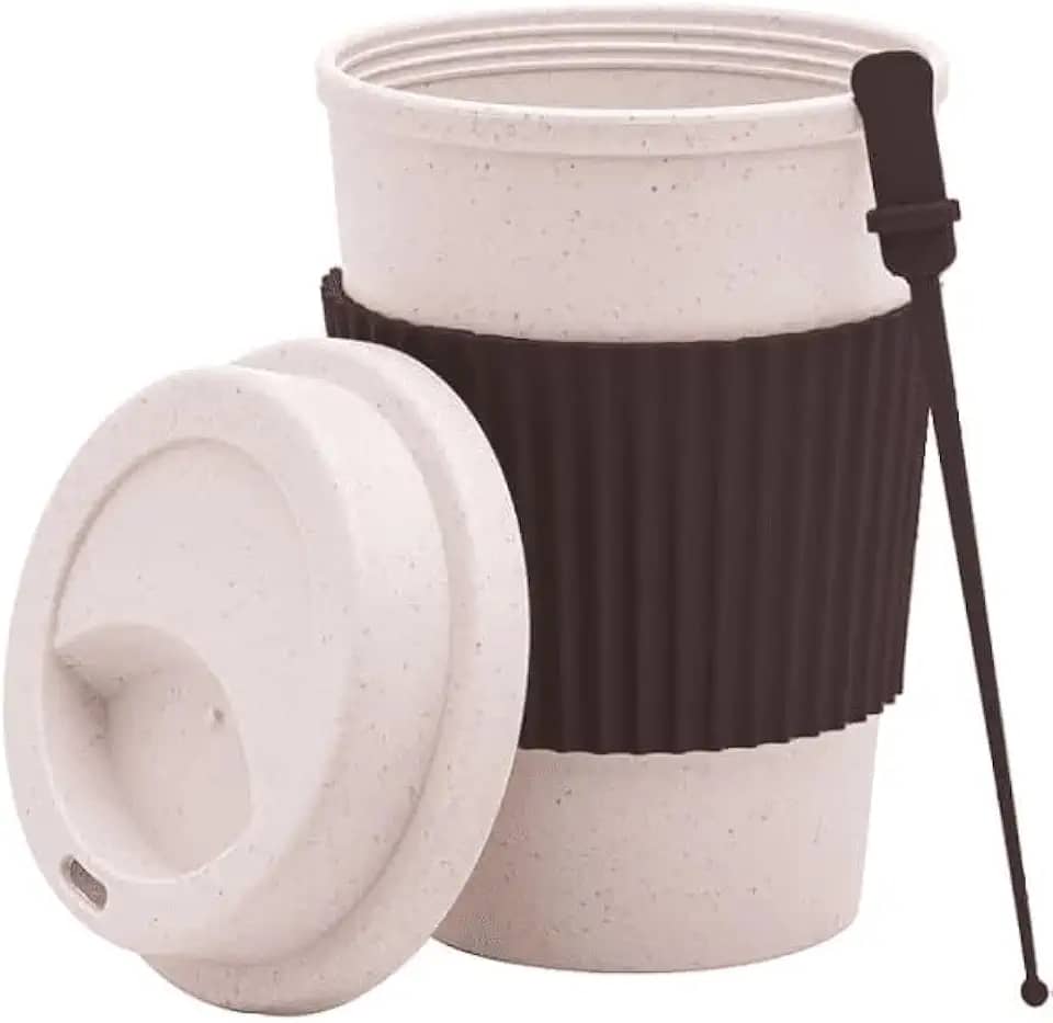 Copo Reutilizável Para Café 450ml em Bambu Ecológico com Tampa, Mexedor e Capa Protetora