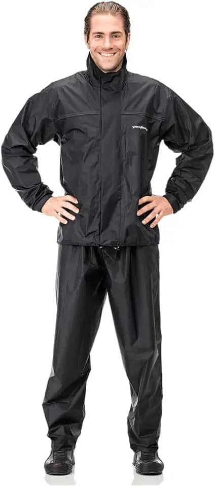 Capa de Chuva de Nylon com Gola PANTANEIRO 1000, Conjunto Impermeável para Motociclista, Preto, Jaqueta e Calça de Chuva com Faixa Refletiva, para Uso Externo