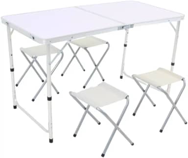 Kit Mesa Dobrável Portatil Que Vira Maleta Camping Praia Churrasco 120x60cm Com 4 Bancos Banquinhos