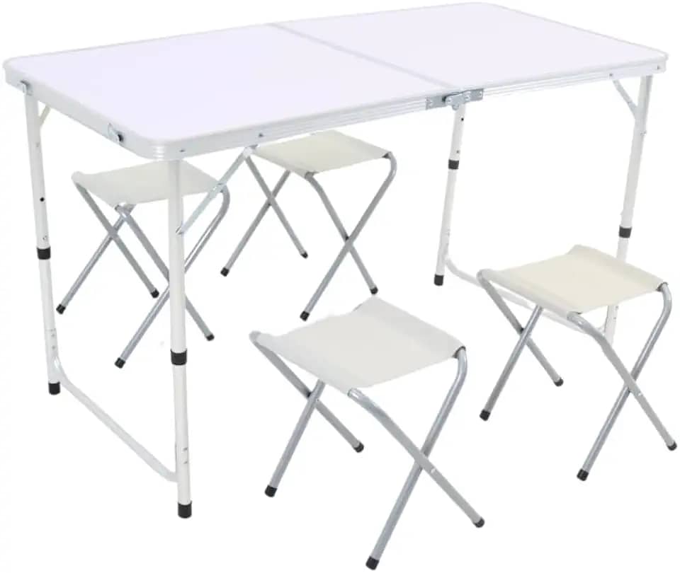 Kit Mesa Dobrável Portatil Que Vira Maleta Camping Praia Churrasco 120x60cm Com 4 Bancos Banquinhos