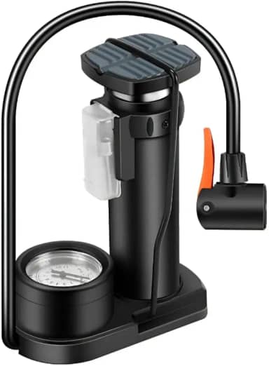 Bomba De Ar Com Manômetro Medidor, Suporte de Pé, Fácil e Rápido, Ideal Para Encher Pneu, Colchão, Bola, Carro, Moto, Bicicleta, Material Em Aluminio, Bico de Enchimento Duplo, Portátil e Resistente