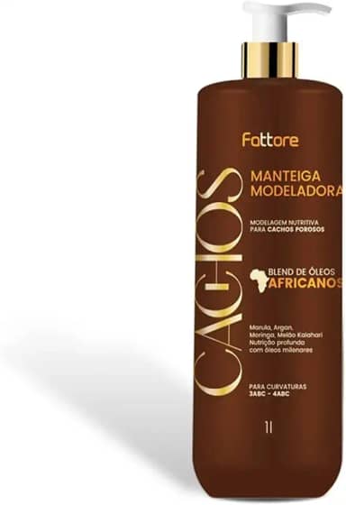 Manteiga Modeladora Fattore Óleos Africanos 1L – cachos 3A a 4C, definição prolongada, hidratação e nutrição profundas, antifrizz, óleos de marula argan moringa e melão kalahari, textura cremosa, brilho intenso, uso diário
