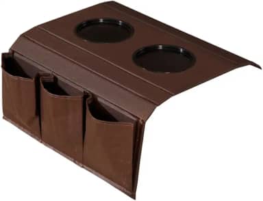 Bandeja Esteira para Braço de Sofá de Couro Marrom com Porta Controle