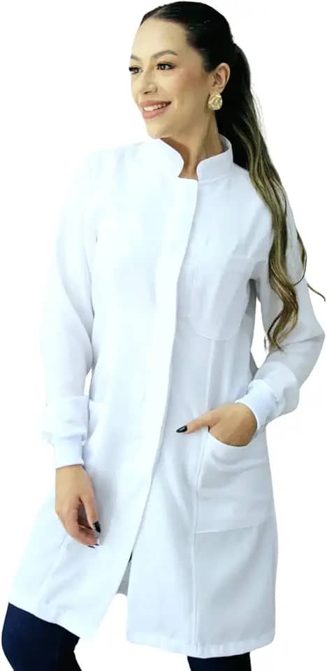 Jaleco Feminino Oxford Gola Padre Botão Embutido Com Punho Enfermeira Dentista Esteticista Médica