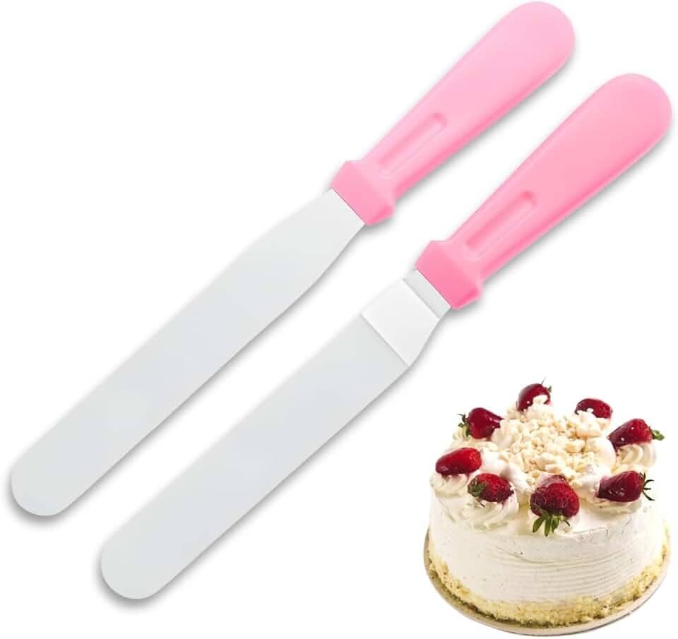 Kit 2 Espátulas de Alisar Quinar Bolo Chantily Ganache Decoração de Bolo Em Inox Espatula Angular e Reta (Rosa)