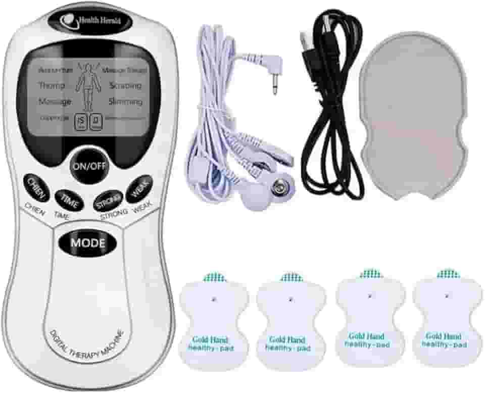 Aparelho de Massagem por Choque TENS e FES com 4 Eletrodos - Massageador Muscular Portátil para Alívio de Dor e Reabilitação