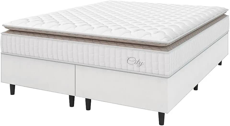 Cama Box Colchão Casal King Molas Ensacadas City Pillow Top 193x203x61cm Linho Branco/Bege Hellen - Suporta até 110kg por Pessoa