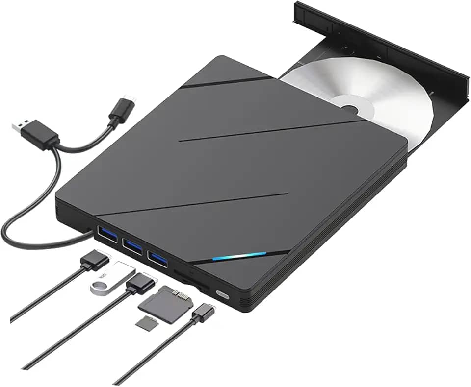 Gravador de DVD Externo 8-em-1, USB 3.0, Tipo-C, Portas Micro SD e T-Flash