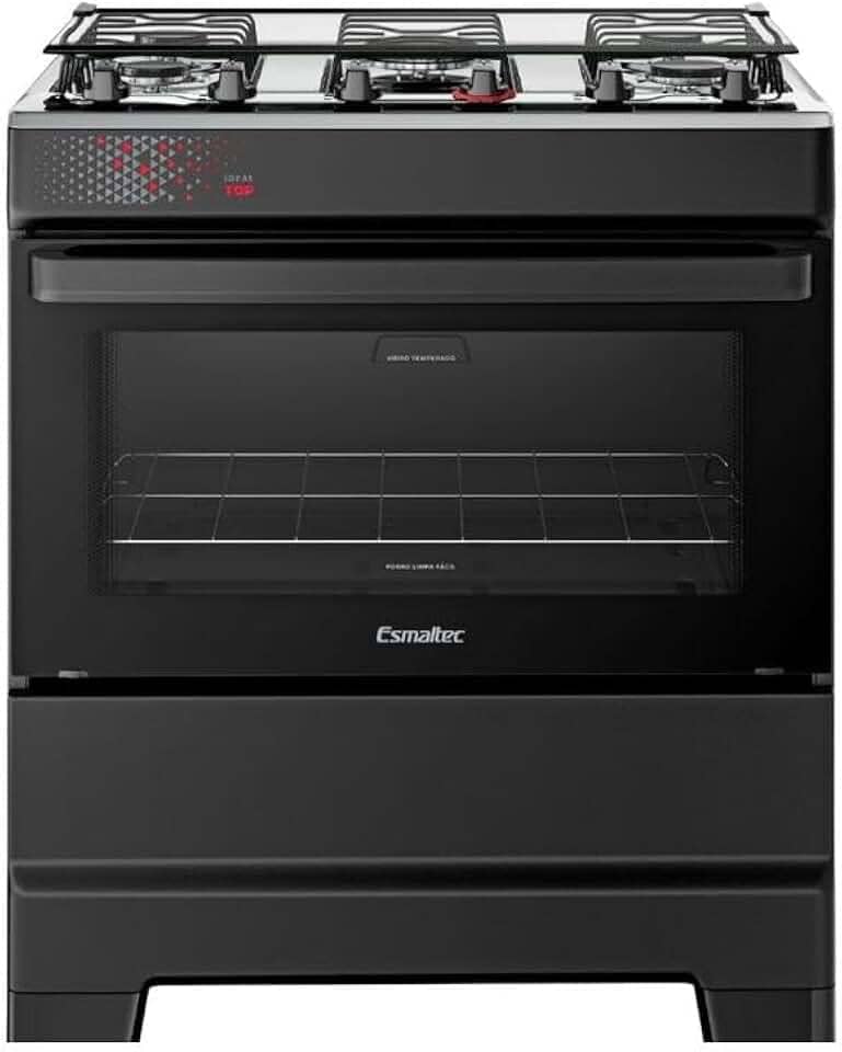 Fogão Esmaltec 5 Bocas Ideal Top Mesa Inox Tampa de Vidro Forno 84 Litros Preto T5IAP Bivolt