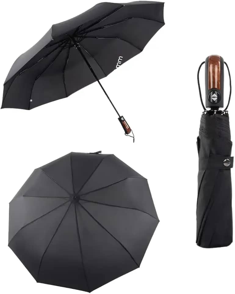 Guarda-Chuva Compacto Automático Reforçado com Cabo de Madeira – Guarda Chuva Resistente ao Vento, À Prova d’Água, Design Elegante, Dobrável e Portátil para Viagem e Uso Diário
