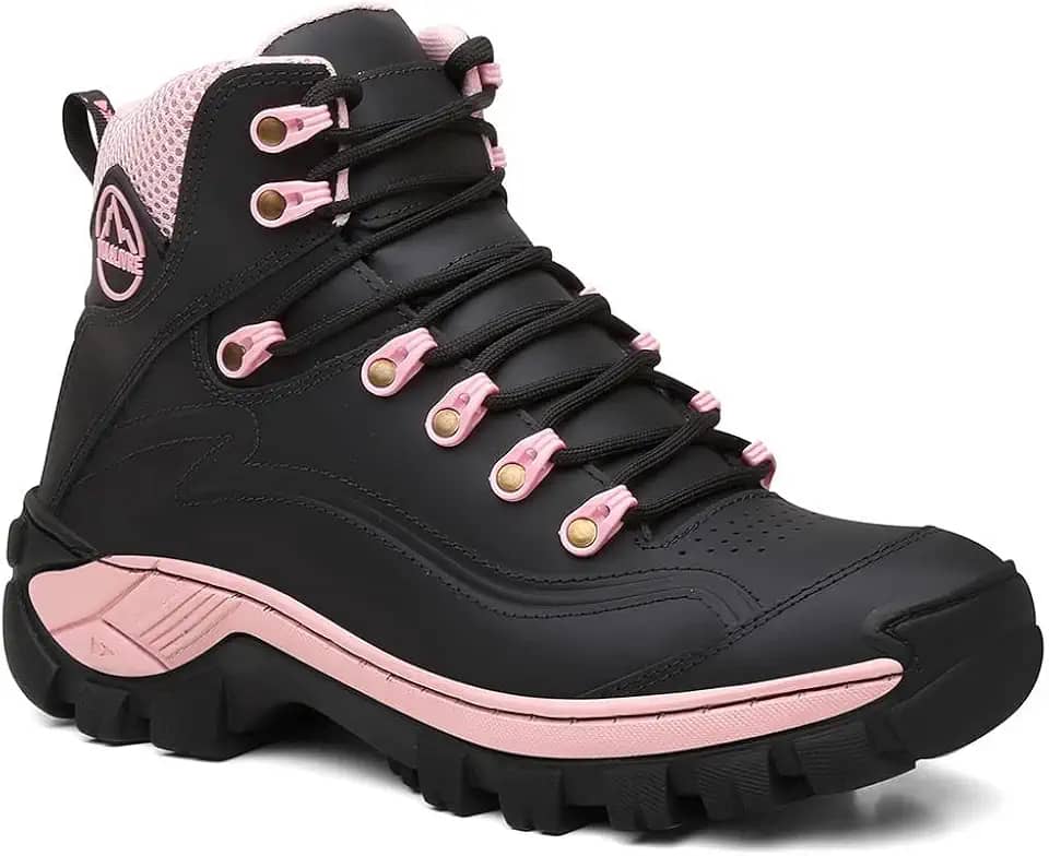 Bota Adventure Feminina Para Trilha Palmilha Gel Preto e Rosa N7