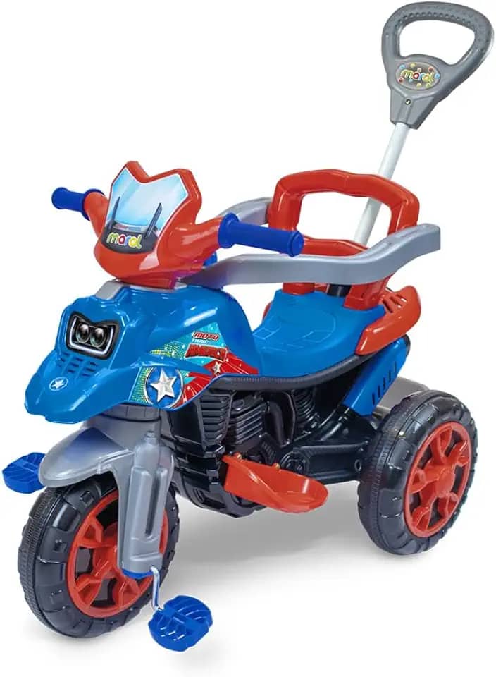 Triciclo Moto Trail Infantil América 2 em 1 com Pedal e Empurrador Vermelho/Azul - Maral