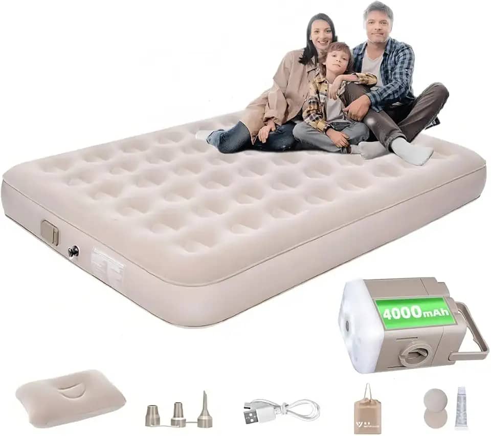 Colchão Inflável Casal com Bomba Elétrica Embutida Bivolt - Com Tecido de Suede Aveludado, Almofadas Infláveis, com Inflação e Deflação Rápidas e Automáticas