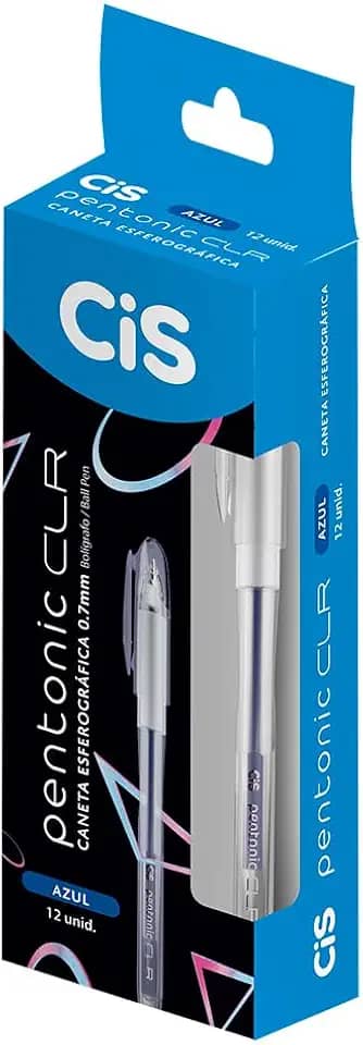 Caneta Esferográfica 0.7mm PENTONIC CLR, Corpo Transparente e Design Moderno, Azul, Caixa com 12 unidades