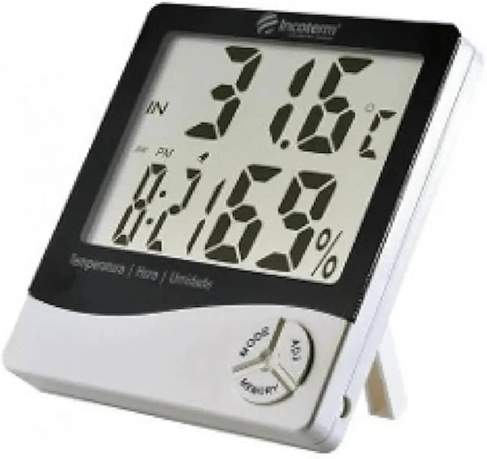 TERMO HIGROMETRO DIGITAL COM MAXIMA E MINIMA MEDIDOR DE TEMPERATURA E UMIDADE COM RELOGIO E ALARME INCOTERM