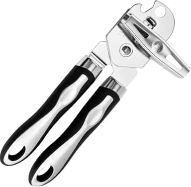 Abridor De Latas de Aço Inoxidável, Multifuncional Abridor Manual de Latas, 21 cm(C), com Alça Giratória, Latas, Cerveja, Garrafas, Cozinha com Cabo Ergonômico Antiderrapante (Preto)