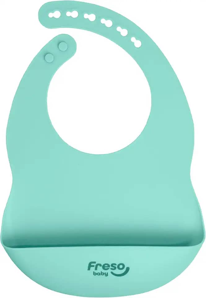 Freso Baby Babador Silicone Alimentação Bebê Introdução Alimentar Blw Impermeável Fecho Ajustável Com Bolso Pega Migalhas Livre De Bpa Cor Verde