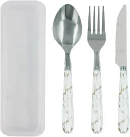 Kit Talheres em Inox 3 Peças Garfo Faca Colher Com Estojo Portatil Reutilivazel - Para Marmita, Lanche, Escolar, Viagem e Camping Premium MZZC (Branco Marmorizado)