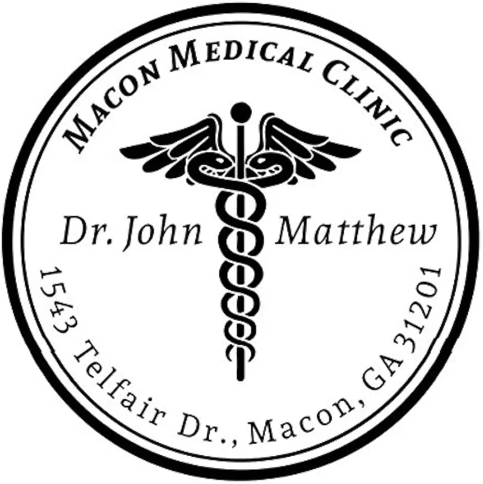 Selo Médico Redondo Personalizado com Caduceu - Nome da Clínica, Nome do Dr. e Endereço - Vermelho, Azul, Preto, Verde, Roxo, Marrom