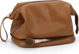 Pocmimut Bolsa de maquiagem, bolsa de cosméticos grande aberta para mulheres, bolsa de higiene de camada dupla organizadora para pincéis com espelho de maquiagem, branca, Marrom, Large, Couro PU