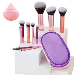 Kit 10 Pincéis de Maquiagem com Travel Bag e 1 Esponja de Maquiagem, Cerdas Sintéticas e Macias para Base, Pó, Blush, Corretivo e Sombras, Kit Pincel Maquiagem