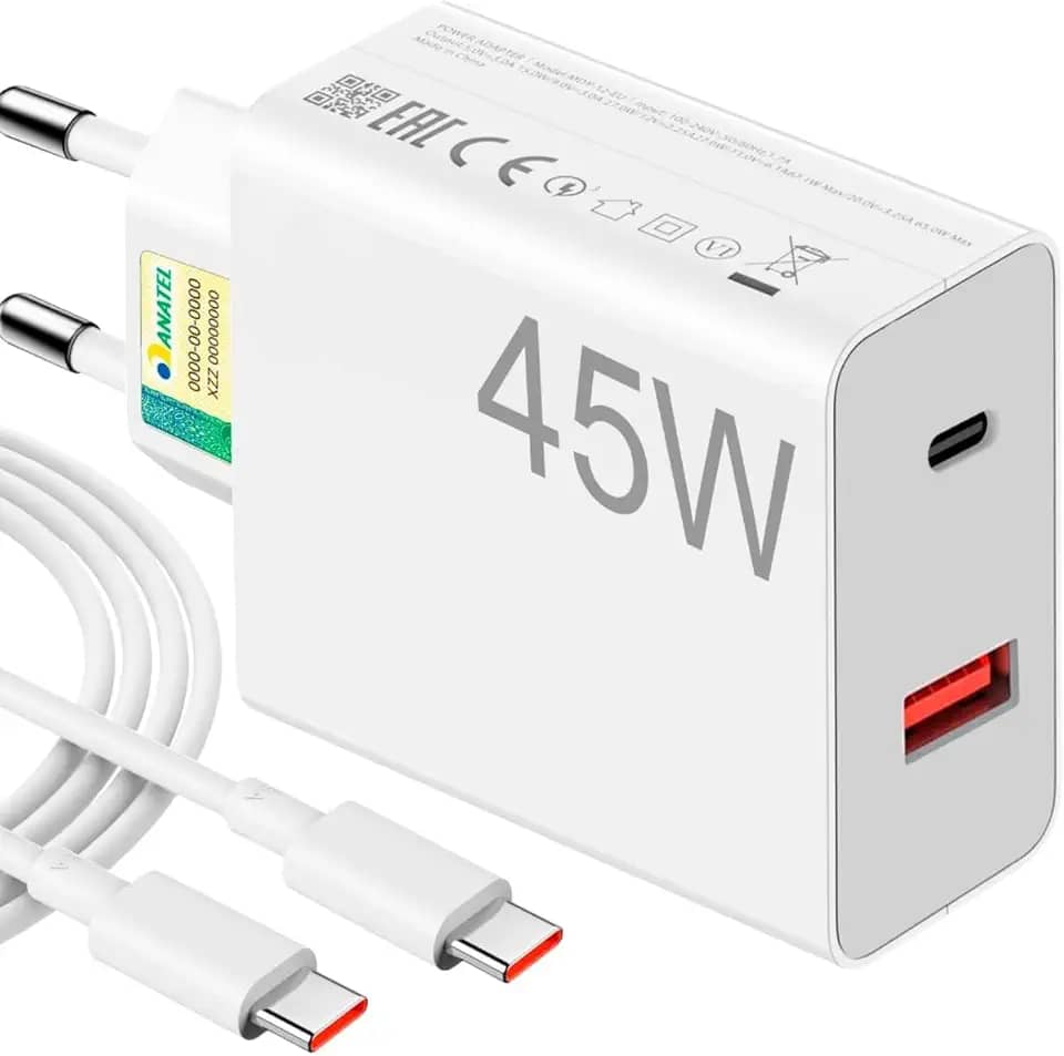 Carregador Universal Super Turbo 45W - 2 Saídas USB-C e USB-A, acompanha Cabo Emborrachado de 1M Ultra Rapido (Tipo-C para Tipo-C), Compatível com iPhone 15 e 16 e todos os Android