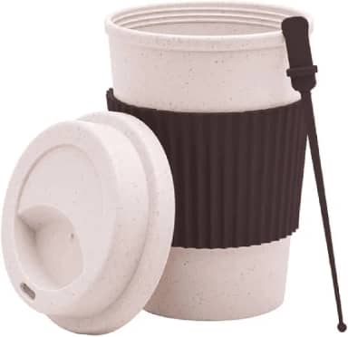 Kit 2 Copos de Café de Bambu Reutilizável Cores Sortidas Térmico com Tampa, Proteção Ondulada, Inclui Mexedor