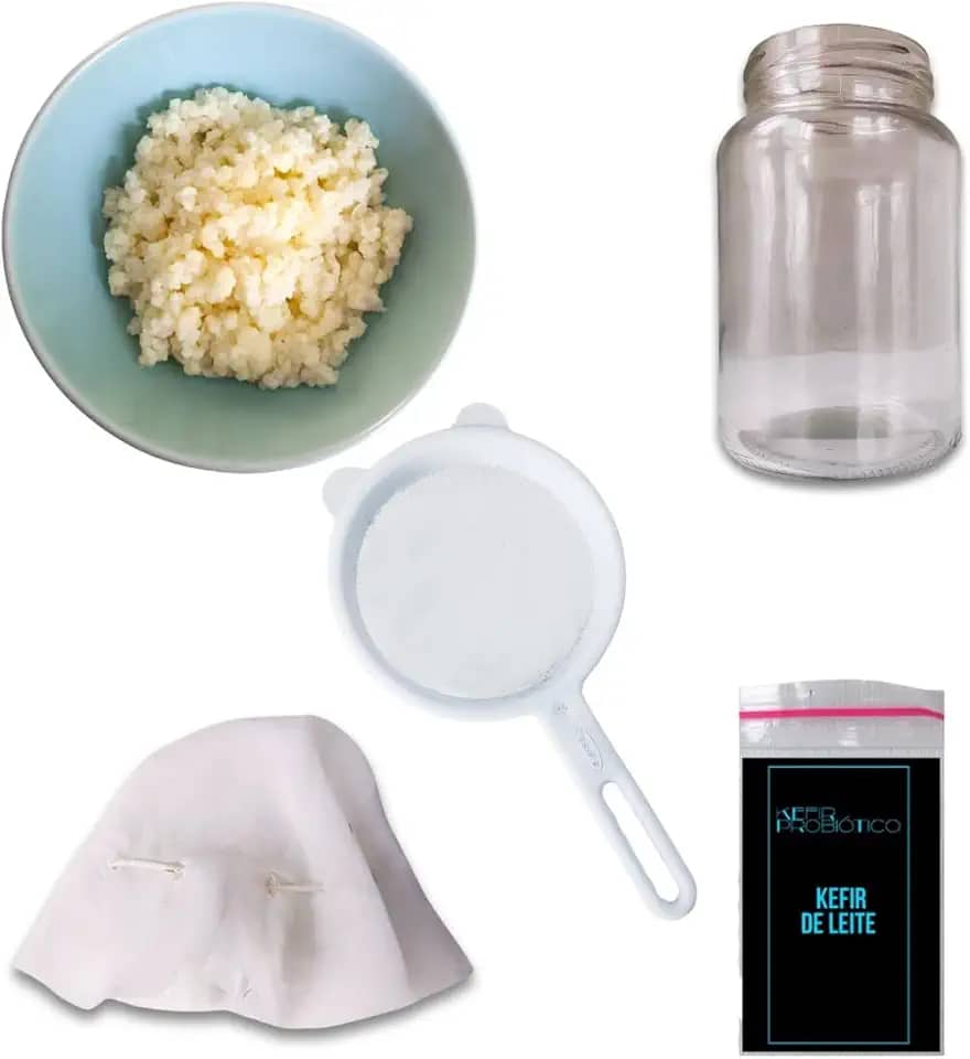 Kefir de Leite Vivo – Kit Artesanal com Frasco 500ml, Peneira, Tampa Respirável e Manual