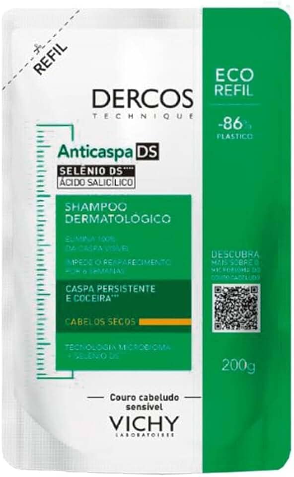 Vichy Dercos DS Refil Shampoo Anticaspa, Tratamento para Cabelos Secos, Elimina 100% da Caspa Visível, Alivia a Coceira e Previne o Reaparecimento por 6 Semanas, 200g