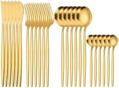 Conjunto de Talheres 24 Peças Aço Inoxidável – Acabamento Premium - Sofisticado e Luxuoso - Nas Cores Dourado e Prata (Dourado)