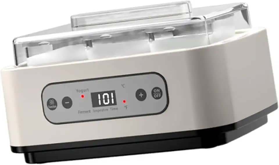 Iogurteira automática com 6 potes de vidro, multifuncional e fácil de usar, ideal para preparar natto em casa.