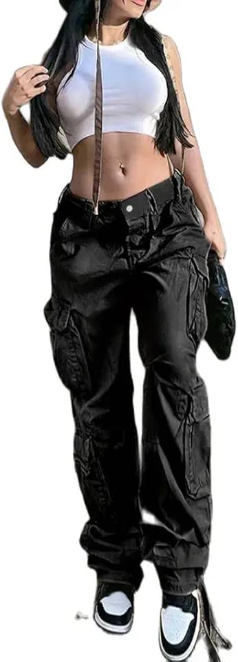 Calça cargo vintage jeans folgada feminina moda anos 90 streetwear bolsos perna larga cintura alta reta Y2k calças jeans macacão