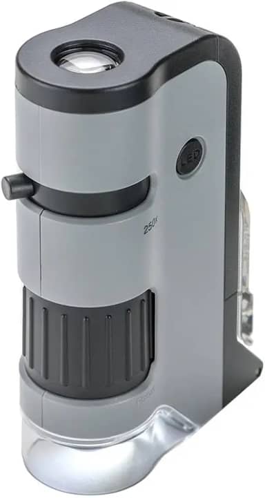 Microscópio de Bolso Carson MicroFlip 100x-250x c/LED, lanterna UV e clip para Smartphone