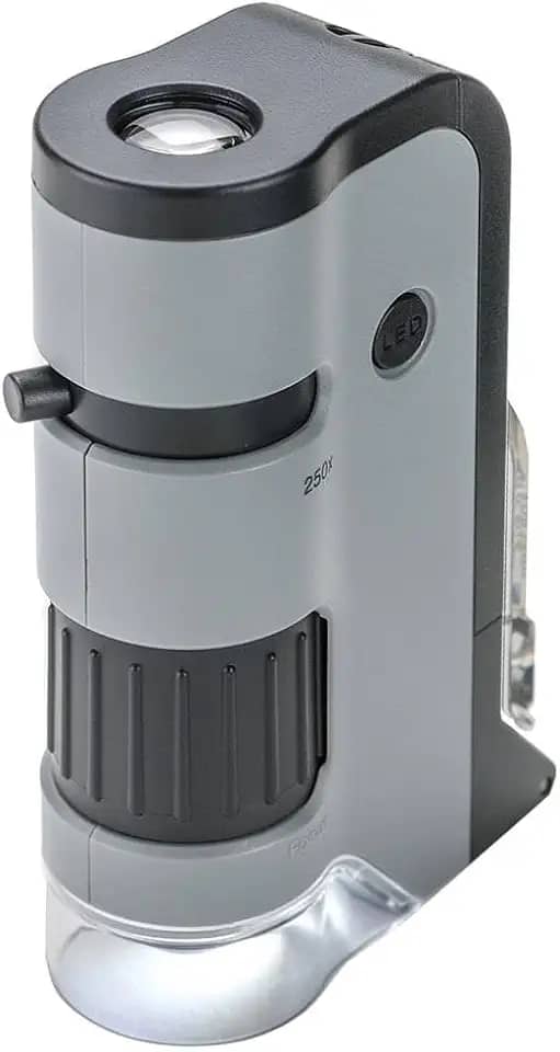 Microscópio de Bolso Carson MicroFlip 100x-250x c/LED, lanterna UV e clip para Smartphone