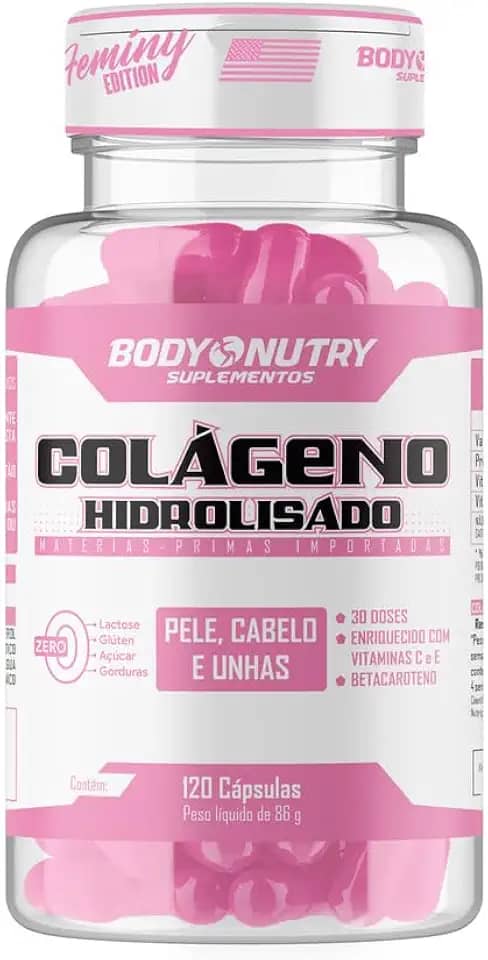 Colágeno Hidrolisado Feminy 120 Cápsulas Pele, Cabelo e Unha + Ácido Ascórbico Vitamina C e Acetato de Tocoferol Vitamina E 0% Açucar e Sem Gluten Collagen Matéria Prima Importada - Body Nutry