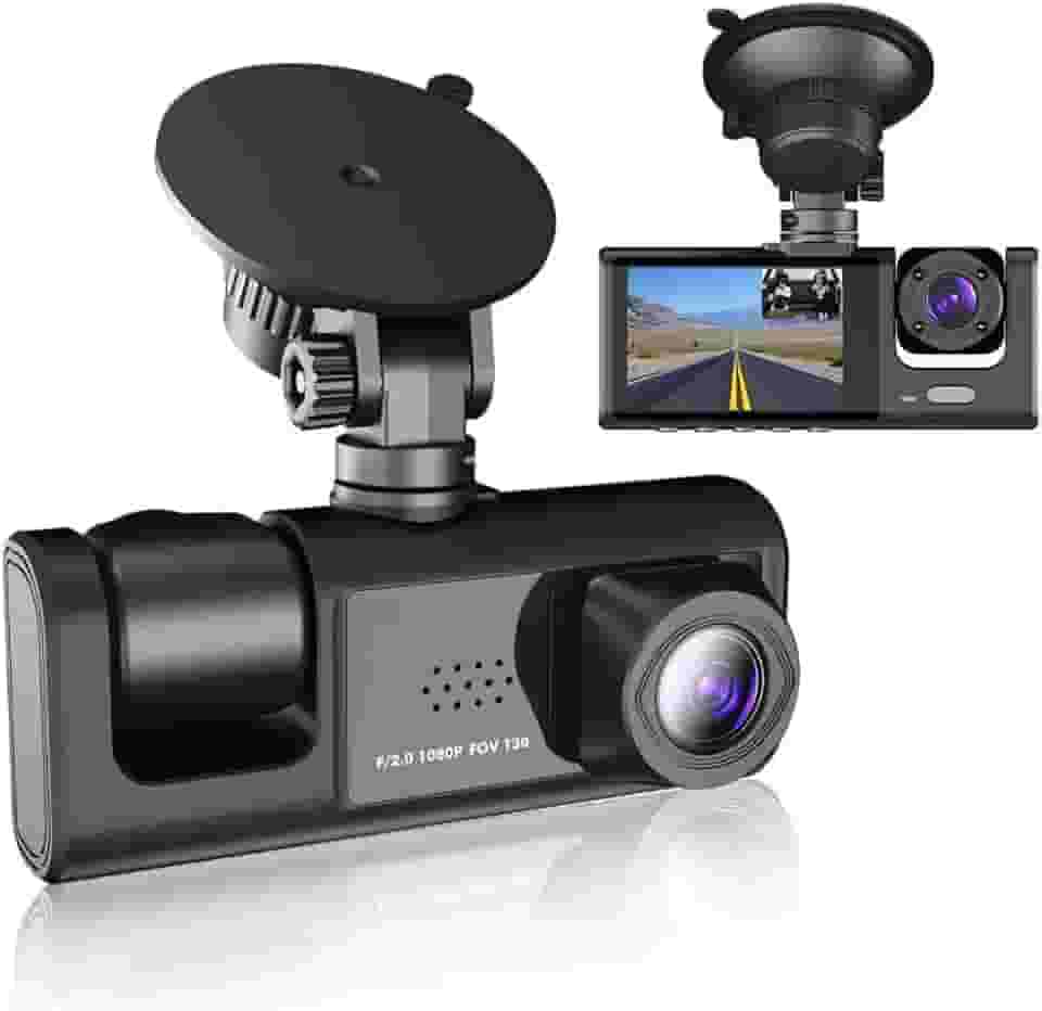 Câmera Veicular 3 Lentes Full HD 1080p com Visão Noturna – Dashcam Frontal, Interna e Traseira, Tela LCD 4' e Detecção de Movimento