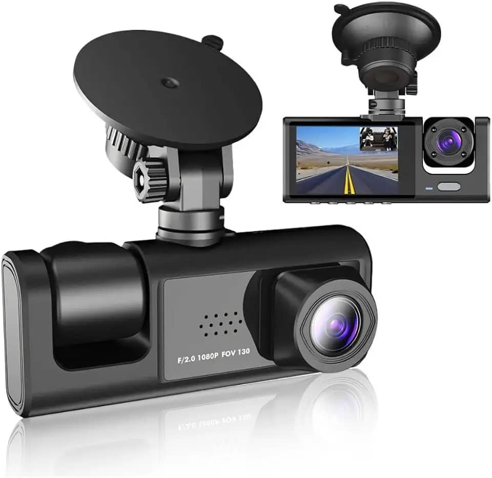 Câmera Veicular 3 Lentes Full HD 1080p com Visão Noturna – Dashcam Frontal, Interna e Traseira, Tela LCD 4' e Detecção de Movimento