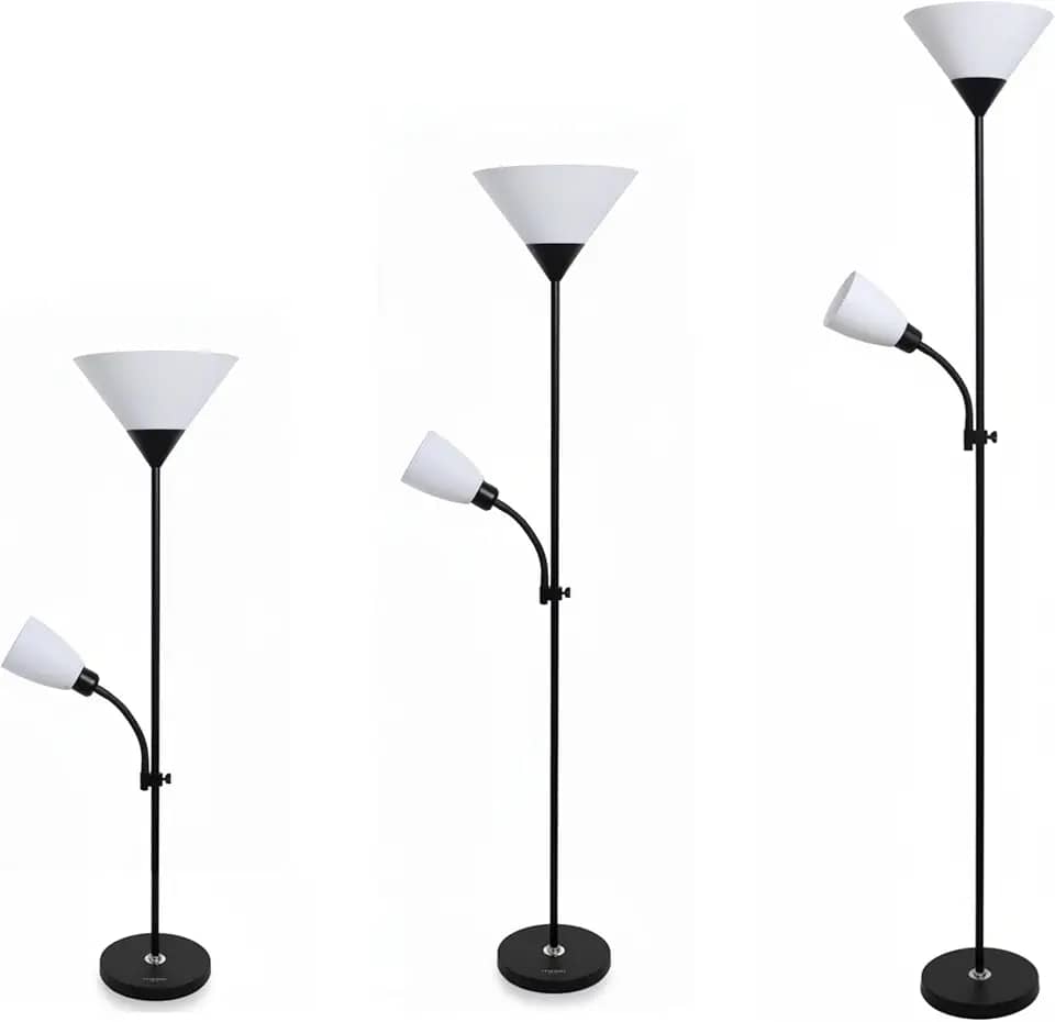 Luminária de Chão com Abajur Duplo Articulado para Leitura – Design Moderno, Base Metálica Estável, Soquete E27 Bivolt – Ideal para Quarto, Sala e Escritório (PRETO)