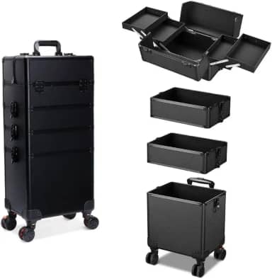 Maleta Mala de Maquiagem Profissional Com Divisórias e Rodinha 360 Graus 4 Andar Preta MS814 914P