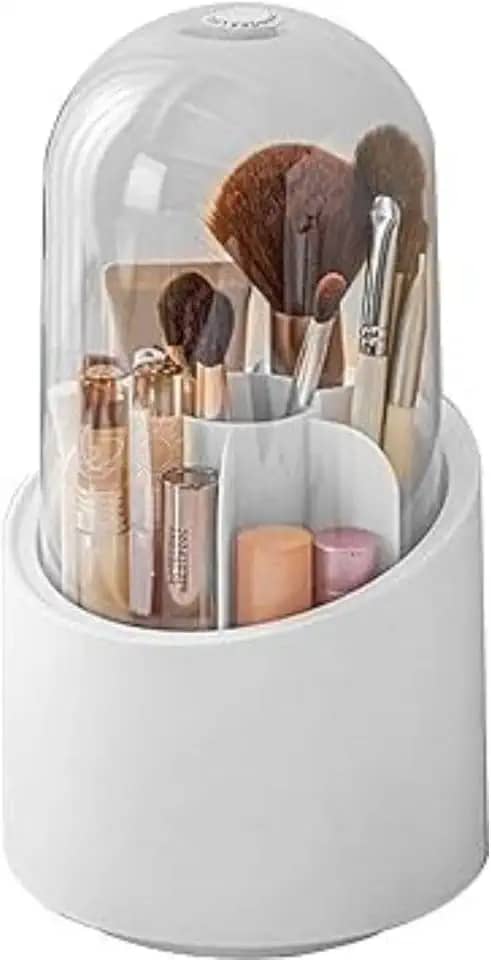 Porta Pincel Giratório Com Tampa em Acrílico Organizador de Pincéis de Maquiagem Para Viagem Com 7 Divisórias À Prova de Poeira Cosméticos Penteadeira Banheiro Premium