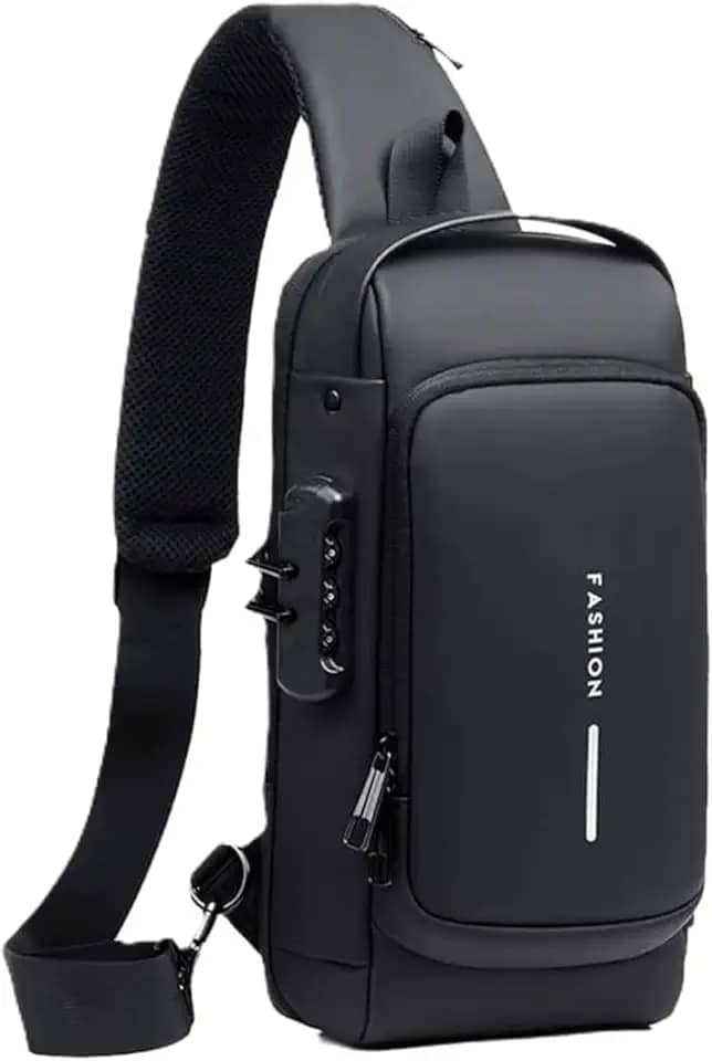 Mochila Masculina Antifurto com Cadeado, Impermeável, Porta USB de Carregamento, Bolsa de Ombro Transversal Compacta para Trabalho, Viagem e Uso Diário