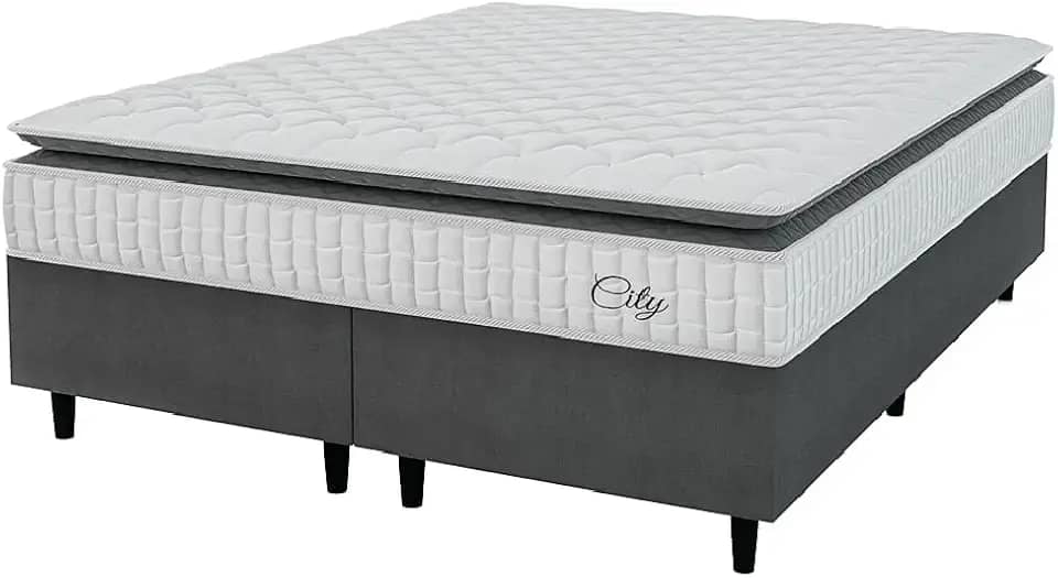 Cama Box Colchão Casal Queen Molas Ensacadas City Pillow Top 158x188x61cm Hellen Branco/Cinza - Suporta até 110kg por Pessoa