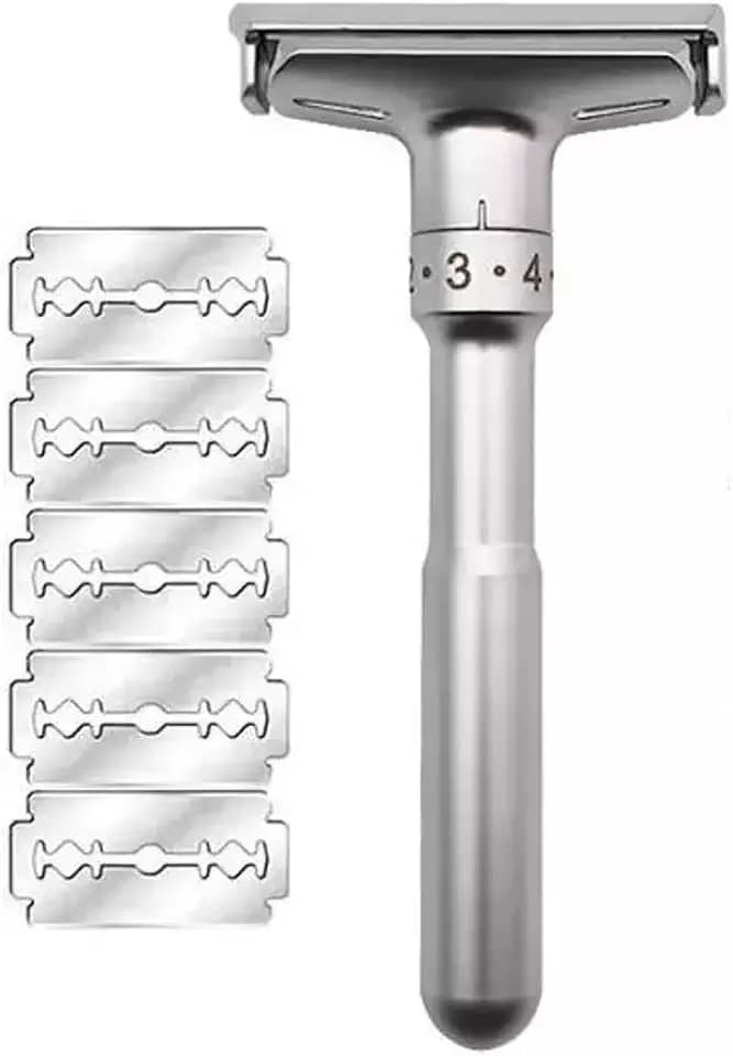 Barbeador Manual Ajustável em Metal com 5 Lâminas de Reposição, Níveis 1-6