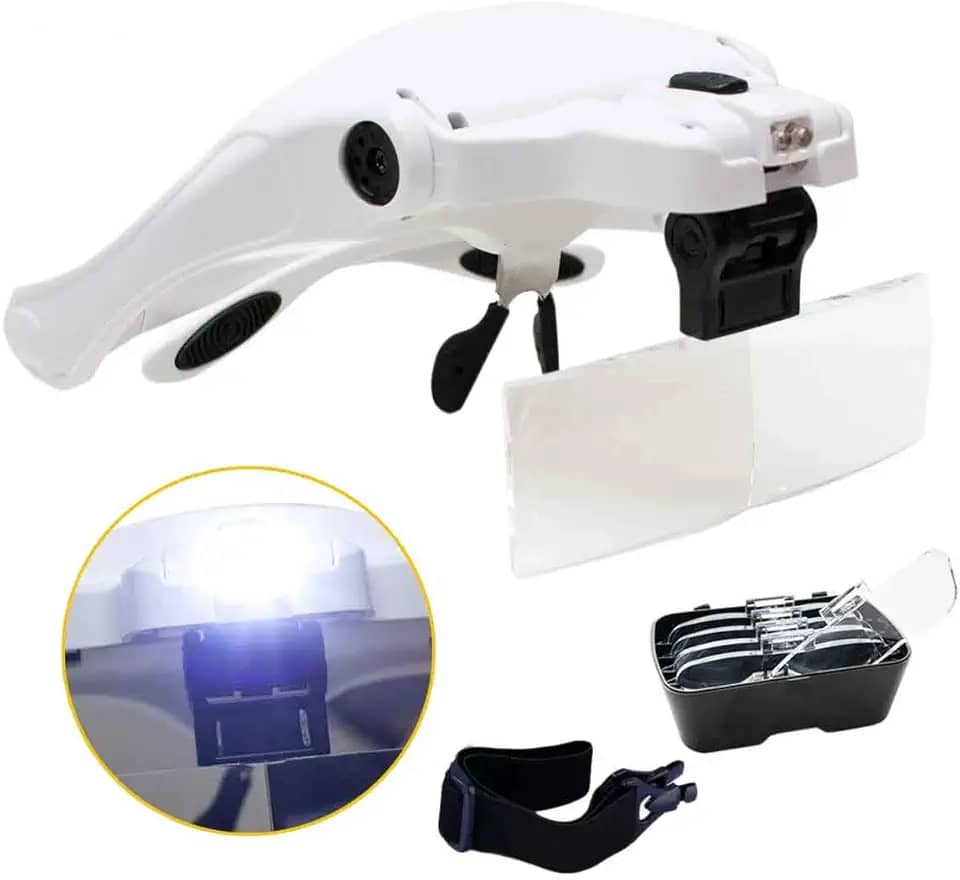 OCULOS LUPA DE CABECA PALA PROFISSIONAL COM 5 LENTES E 2 LEDS BRANCA PARA DENTISTAS, ESTETICA WRITE E MEDICOS