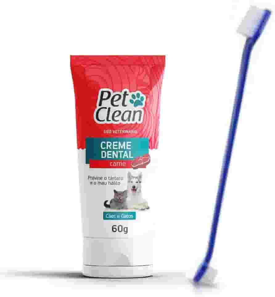 Kit Creme Dental Carne Pet Clean e Escova de Dente Previne o Mau Hálito Higiene Bucal para Cachorros e Gatos