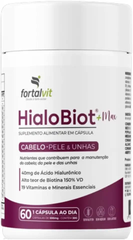 HIALOBIOT - Cabelo, Pele e Unhas - Ácido Hialurônico, Biotina Alto Teor, Longa Duração 2 Meses de Uso, 19 Vitaminas e Minerais Essenciais, 60 Cápsulas, HialoBiot, Fortalvit