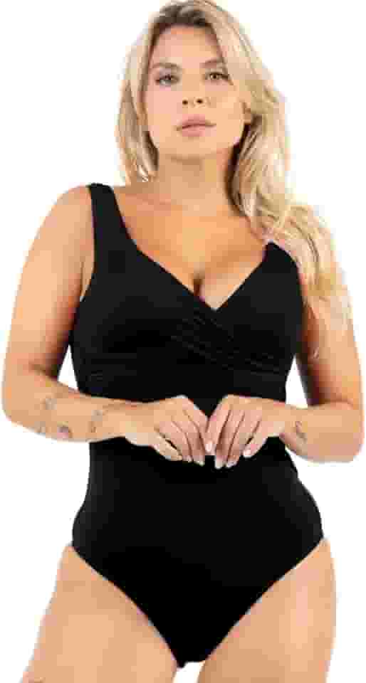 Maiô Feminino Moda Praia Body Transpassado Bicolor Afina Silhueta Com Bojo Alta Sustentação Malha Poliamida Chapa Barriga