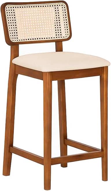 Banqueta Alta Madeira Maciça Com Encosto Curvado em Rattan Tecido Linho Bege Claro - Lilia